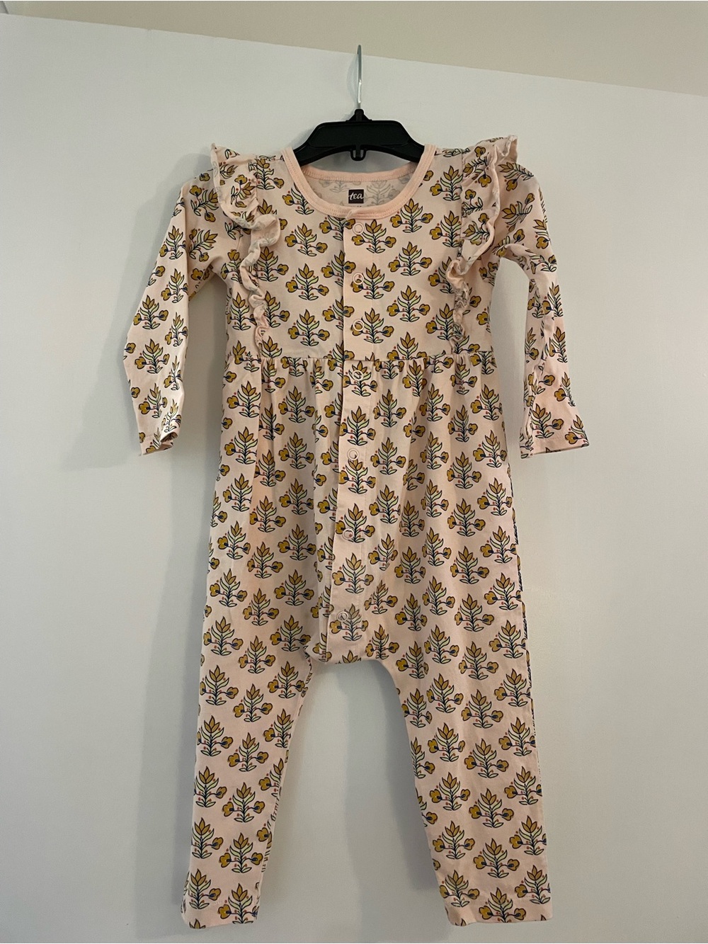 Tea Collection Snap Front Ruffle Romper - Turkish Floral Lemongrass. 12-18 month